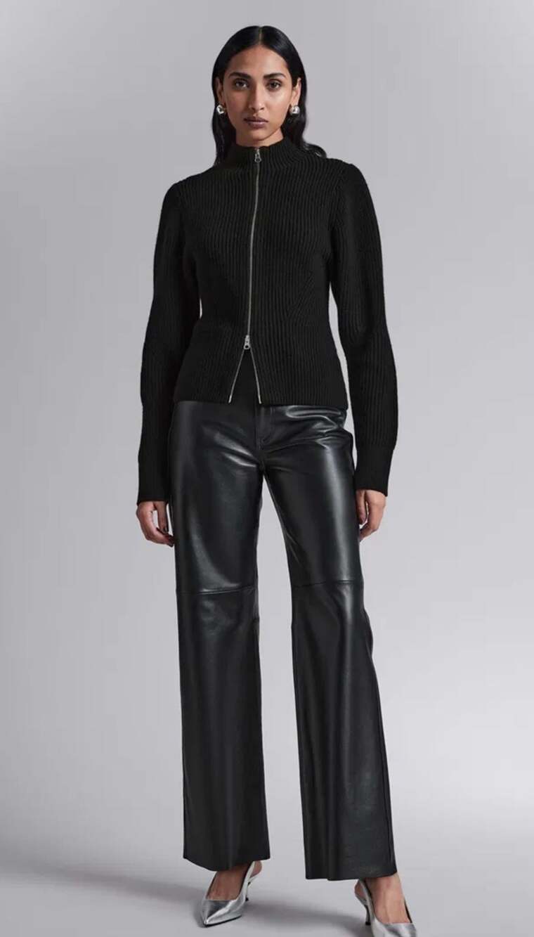 & Other Stories Stockholm Atelier Black Ribbed Zip Cardigan XS Wool Cotton